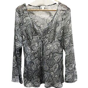 Apt 9 Top Bell Sleeve Sheer Blouse Smock Paisley Black Gray Large Romantic Fairy